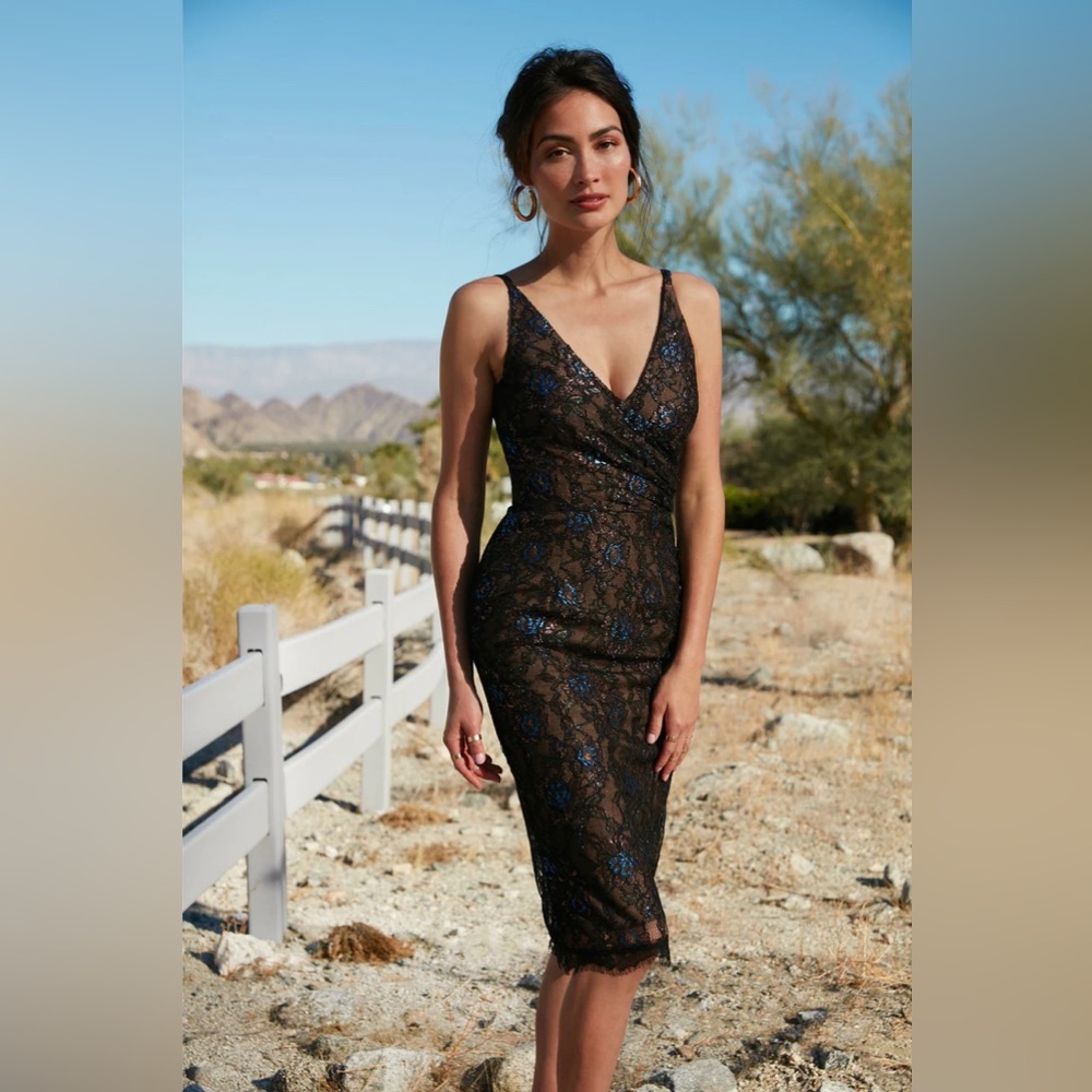 Dress the Population Fiona Lace Multi Floral Cocktail Bodycon Midi Dress Medium